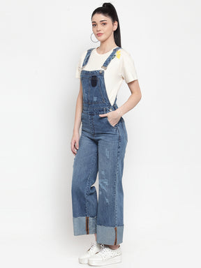 Women Blue Denim Solid Dungaree