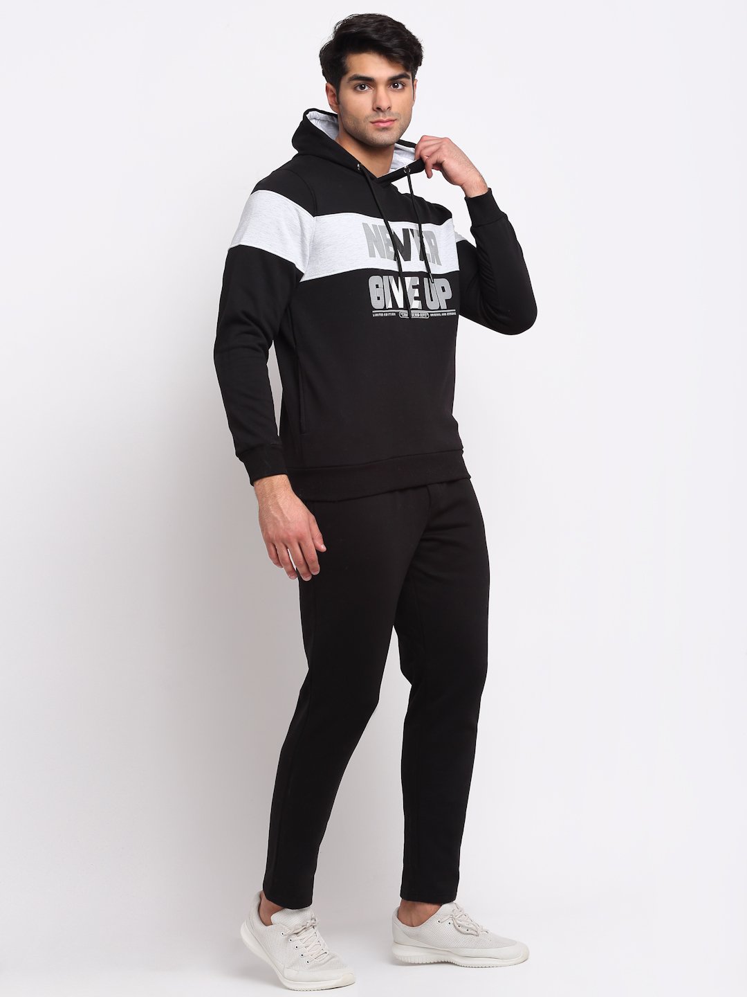 Men Black Hooded Hosiery Solid Track Suit