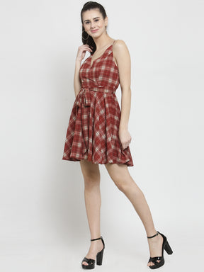 Women Maroon Checked Wrap Dress