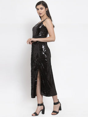 women sequinned black slim fit dress