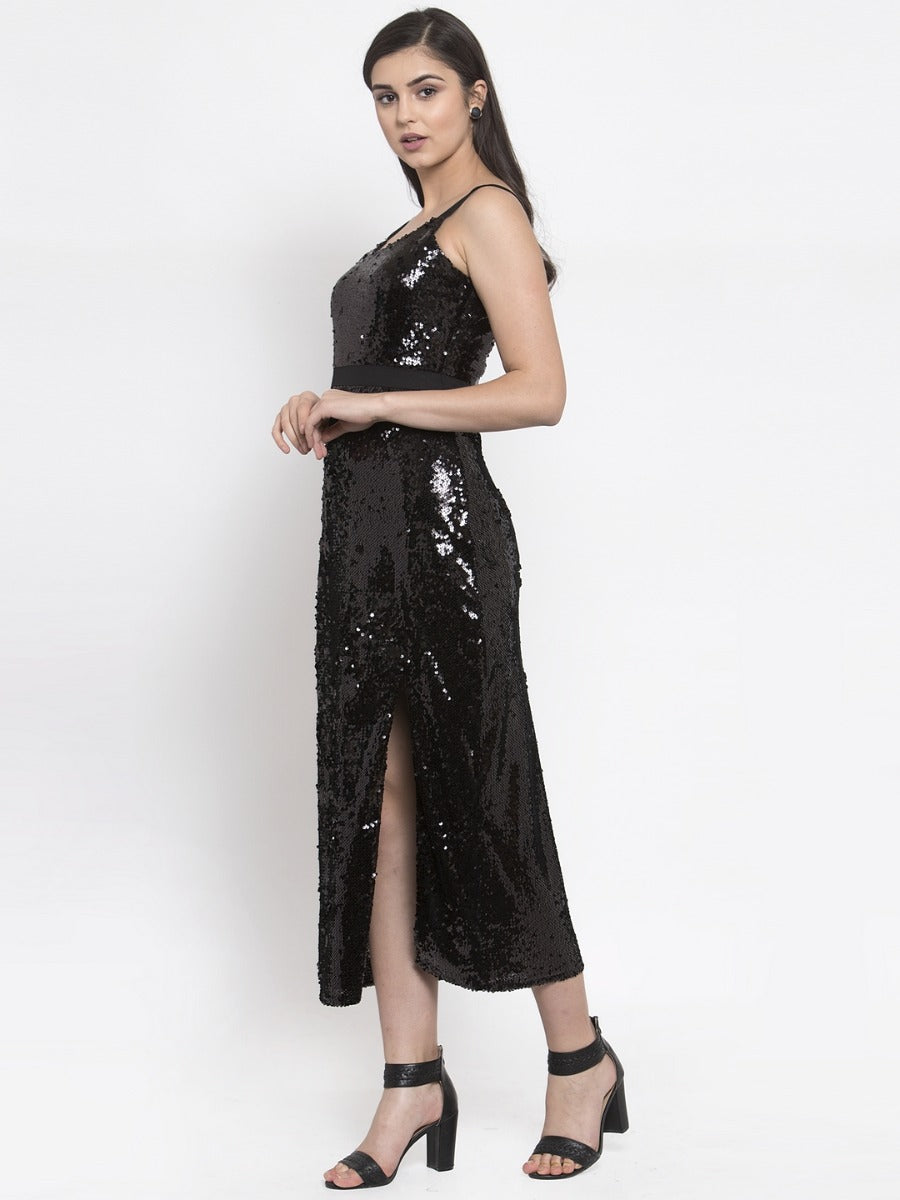 women sequinned black slim fit dress