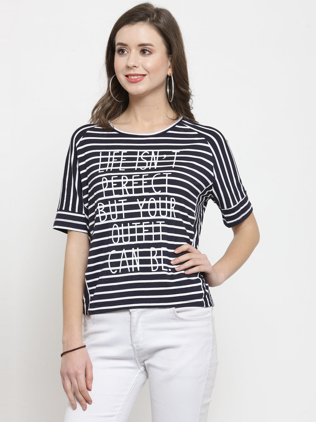 Women Navy Blue Striped Round Neck Regular Fit T-Shirts
