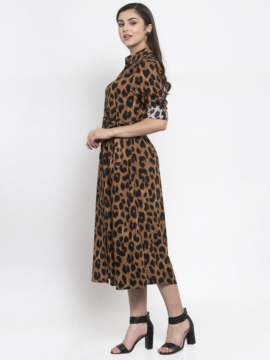 Women Animal Printed Shirt Collar Dress