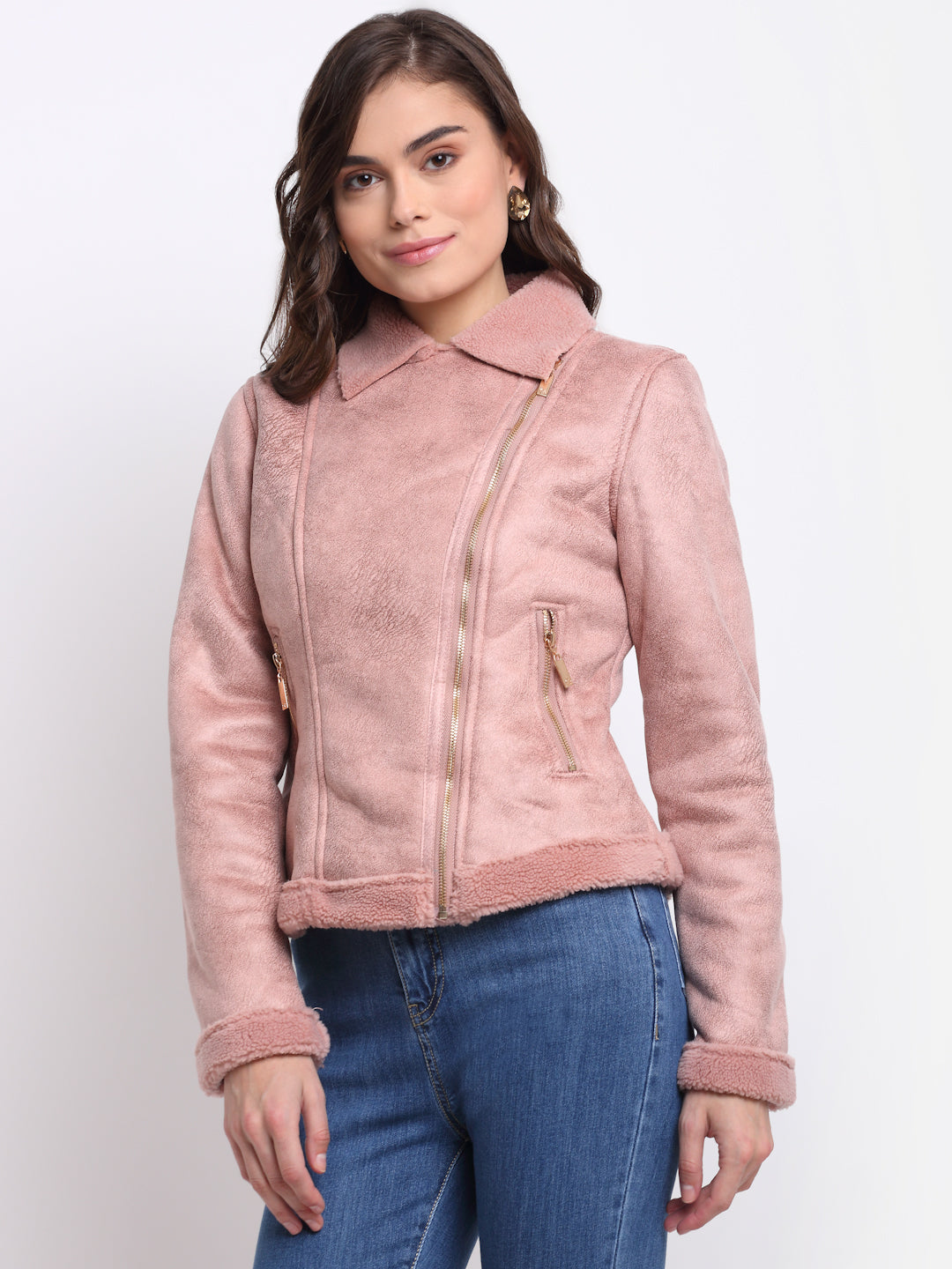 Women Pink Collared Solid Jacket