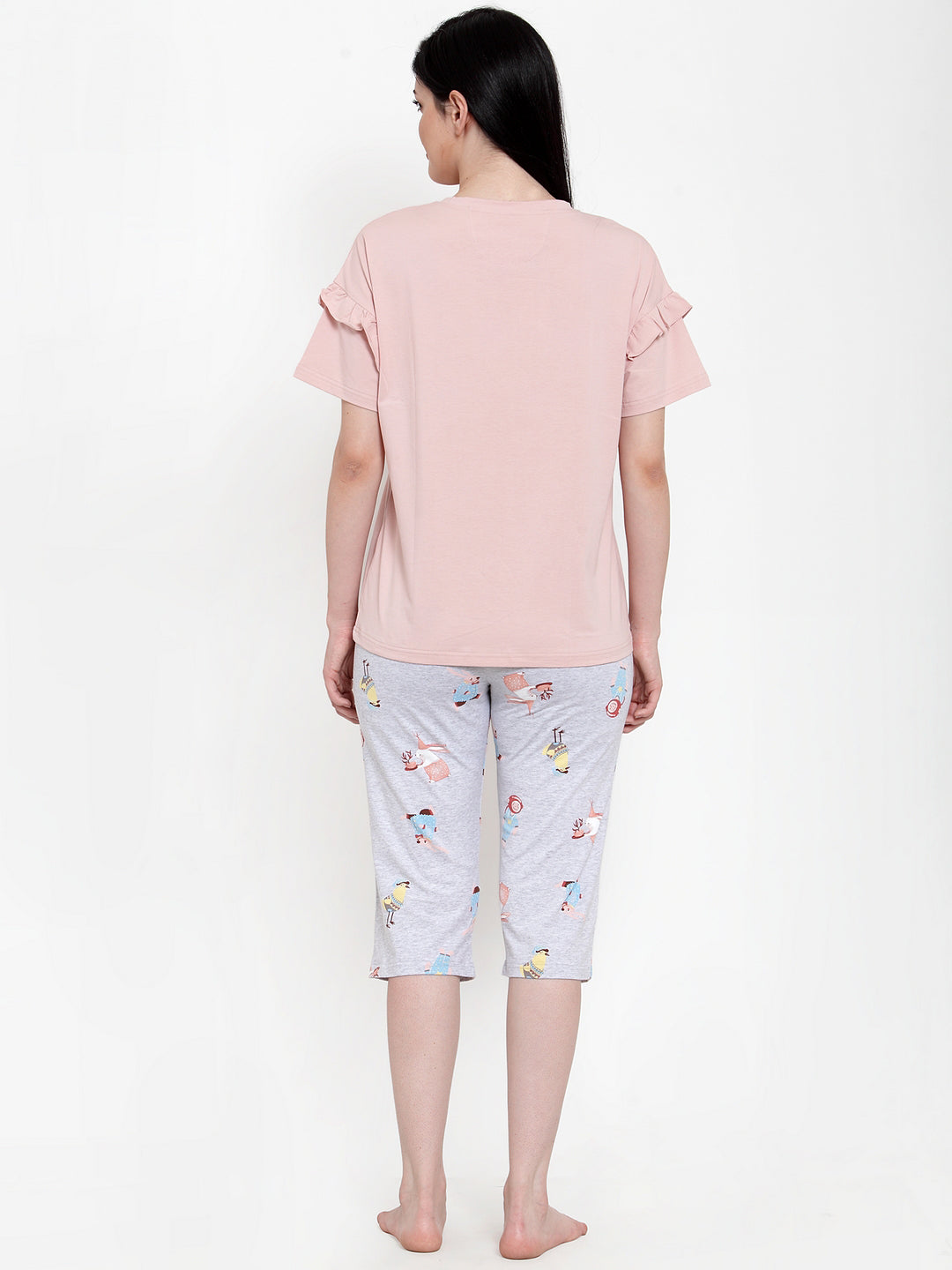 Women Pink Hosiery Printed Capri Night Suit