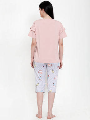 Women Pink Hosiery Printed Capri Night Suit