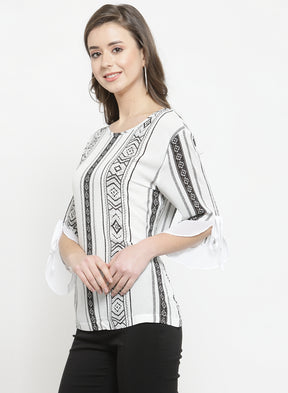 White Boat Neck Top With Printed Stripes