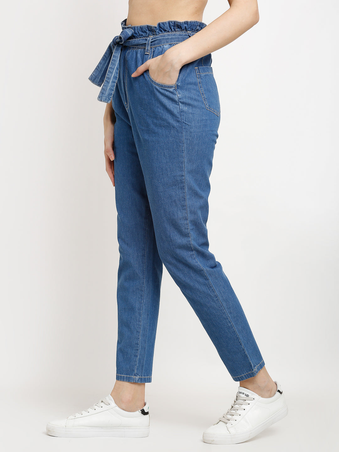 women ankle length paper bag blue jeans