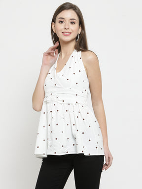 Women White Printed Top With Plunged Neckline