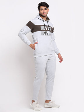 Men Off White Hooded Hosiery Solid TrackSuit