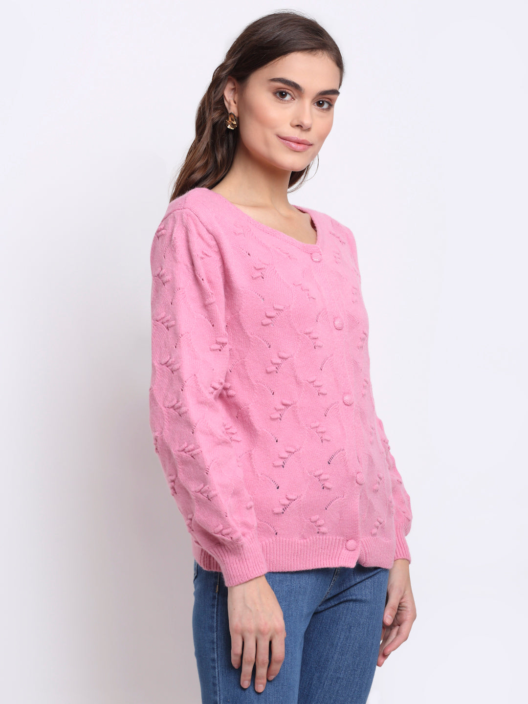 Women Pink Round Neck Solid Knitted Loose Fit Cardigan