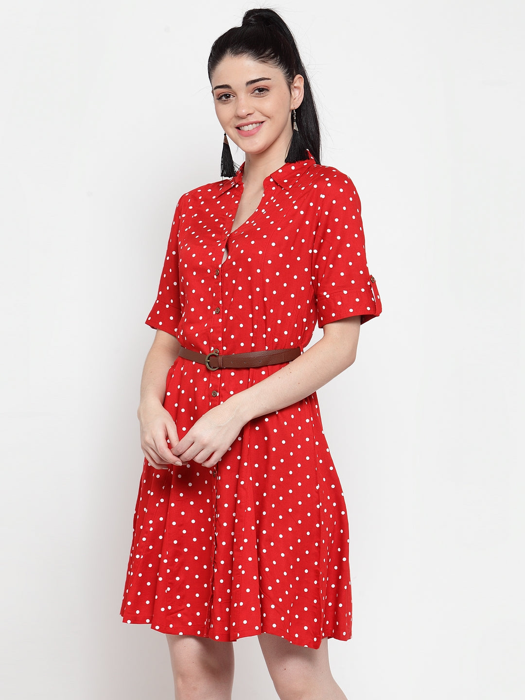 Women Red Cotton Polka Dots Knee Length Dress