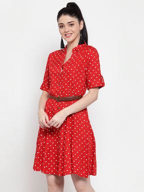 Women Red Cotton Polka Dots Knee Length Dress