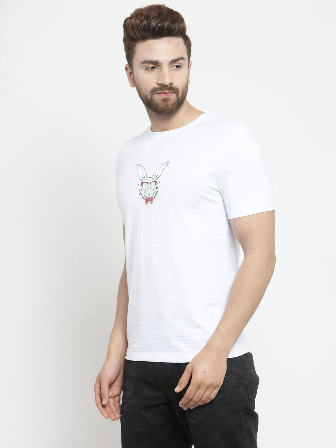 Men Nerd Bunny Animation Printed White T-Shirt