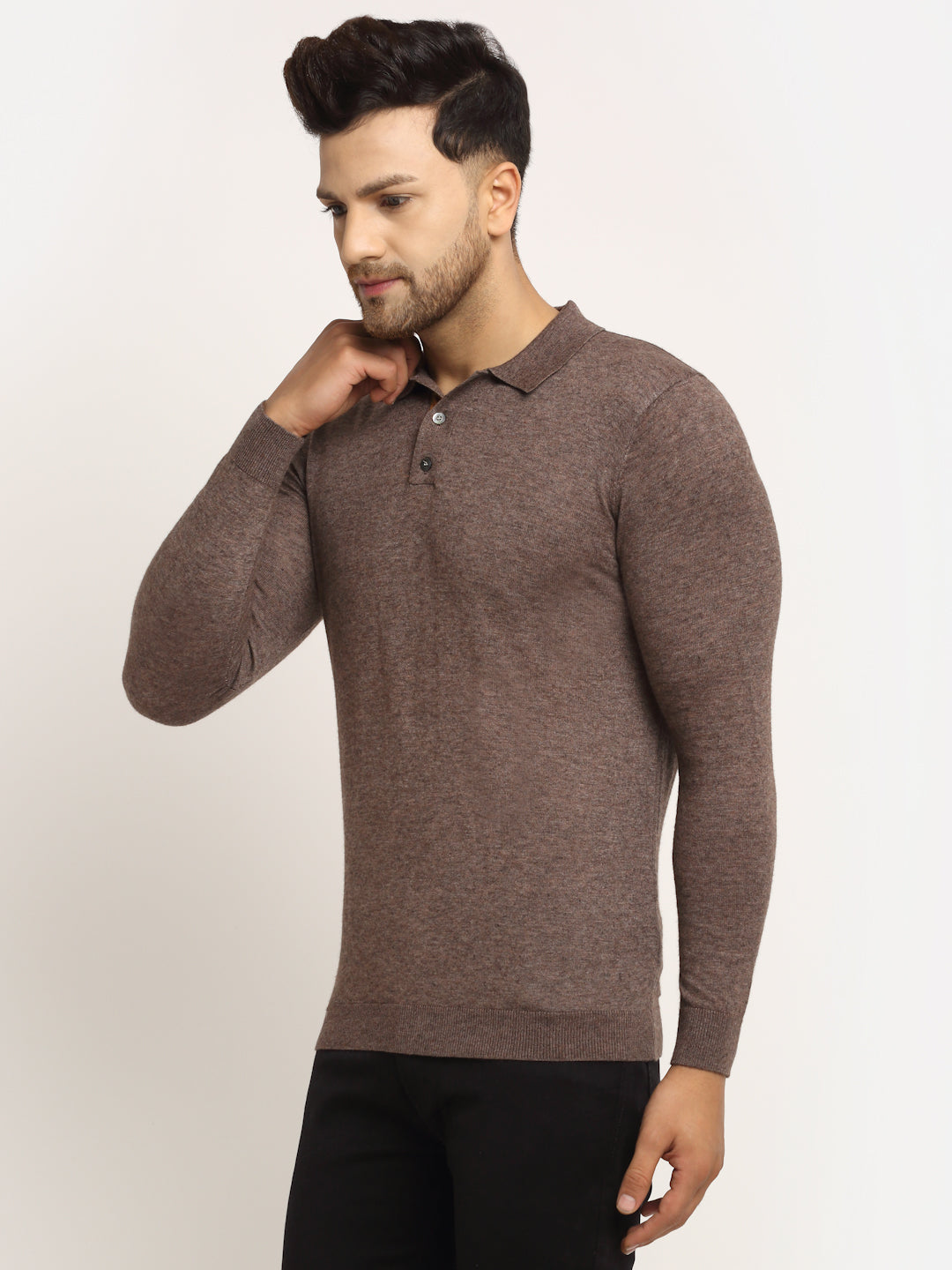 Men Brown Polo Neck Knit Solid Pullover - Global Republic