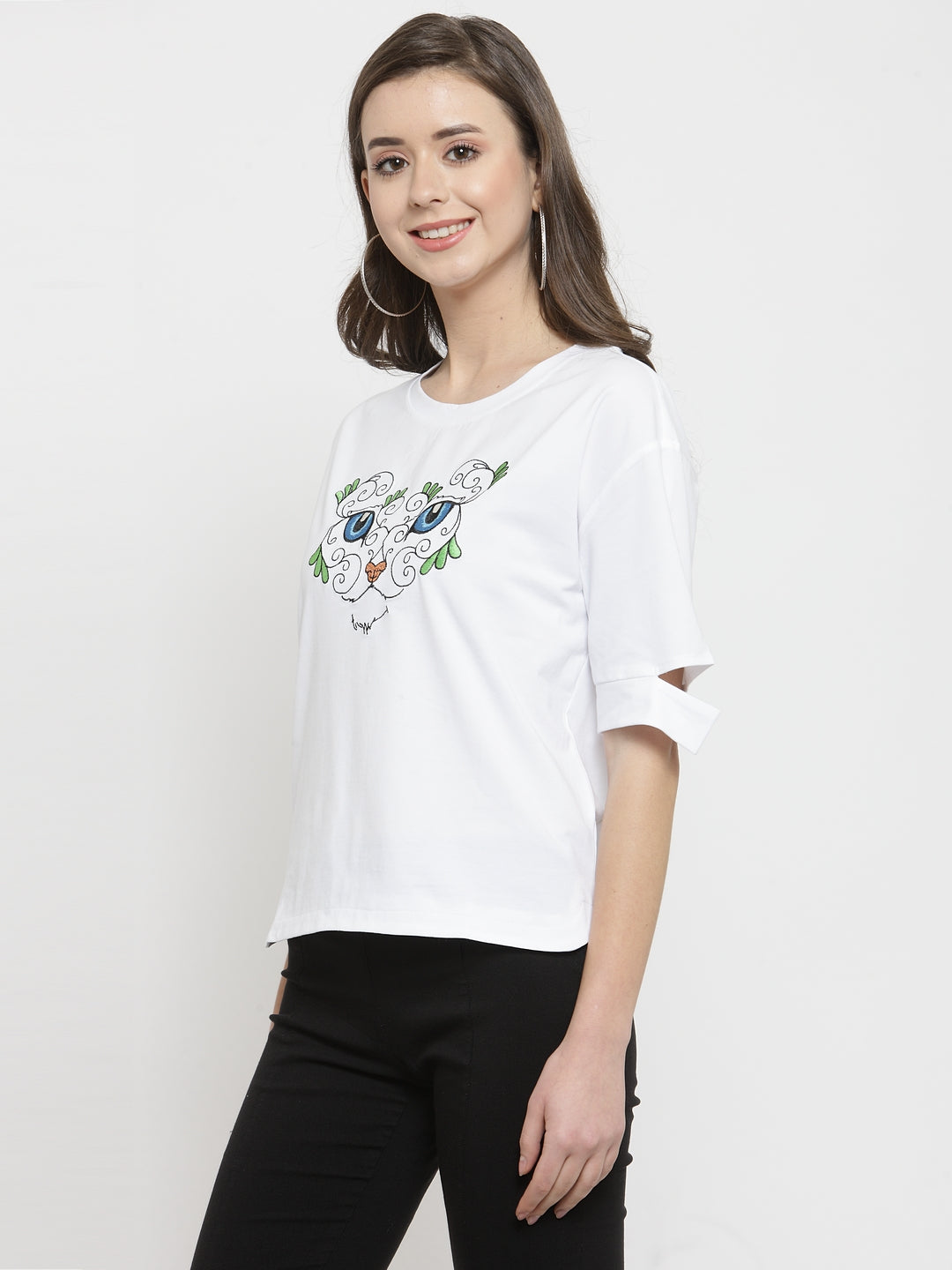 Women White Printed Round Neck Regular Fit T-Shirts