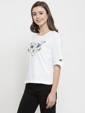 Women White Printed Round Neck Regular Fit T-Shirts