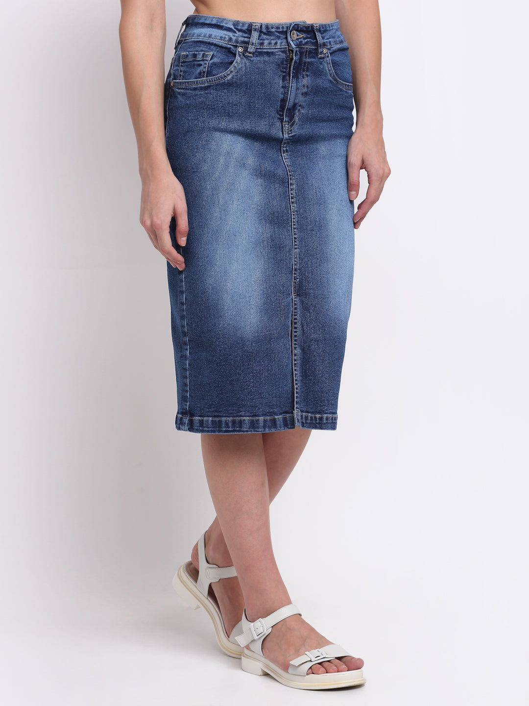 Women Blue Denim Solid knee length Skirt