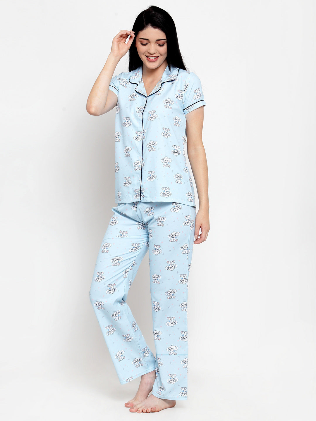 Women Lt Blue Cotton Printed Night Suit Set