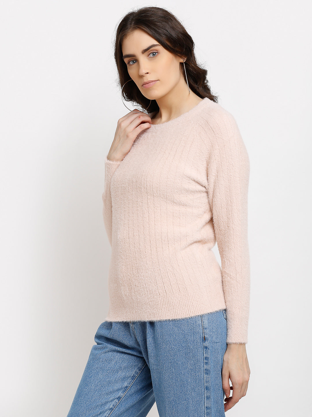 Pink Knitted Solid Pullover