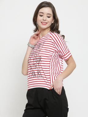 Women Red Striped Round Neck Regular Fit T-Shirts