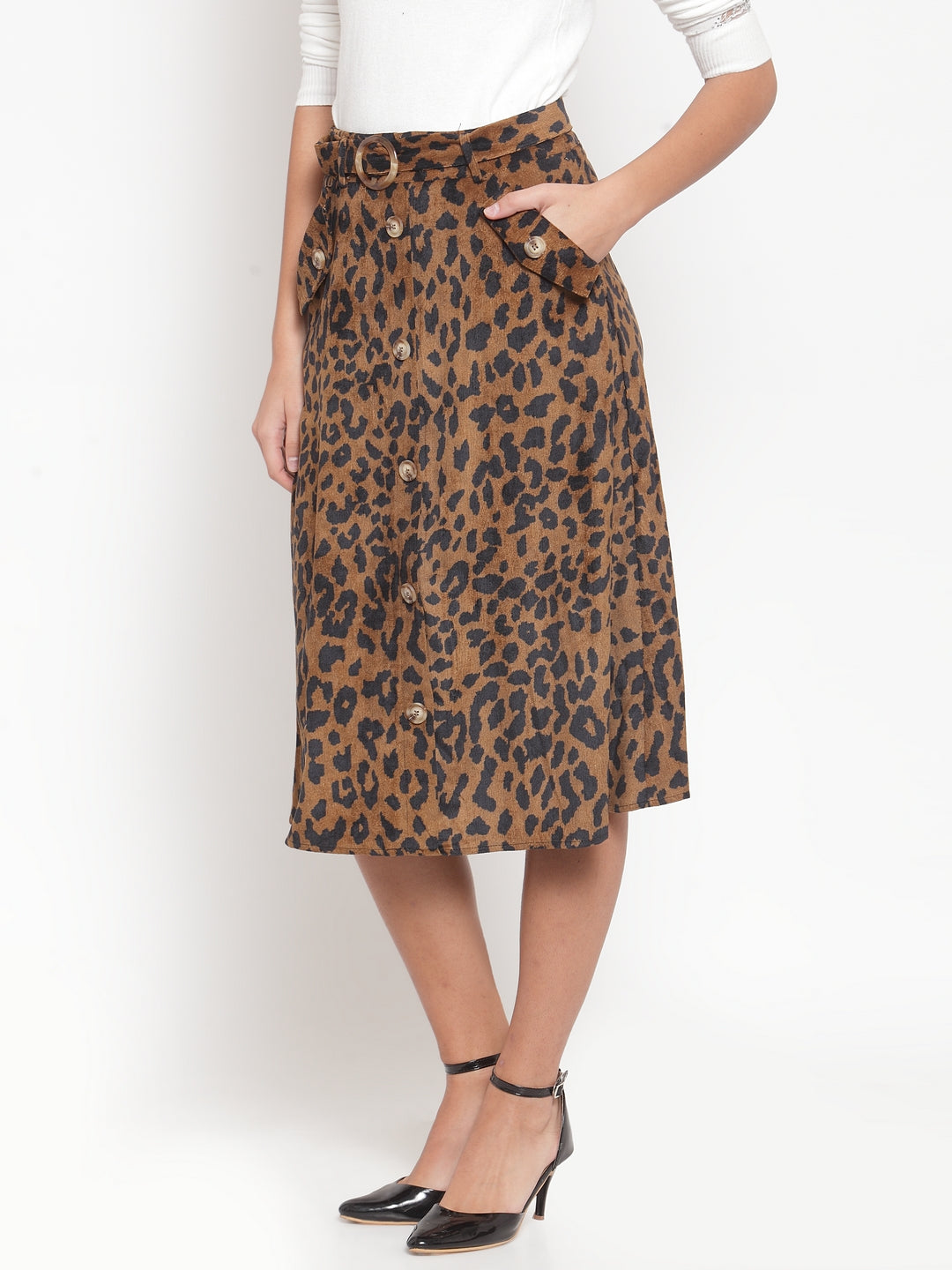 Women Solid Brown Cord Fabric Leopard Print Skirt