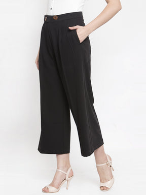 Women Solid Black Plazo With Button Detail