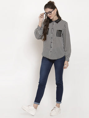 Ladies B/W straight Striped Collared Shirt