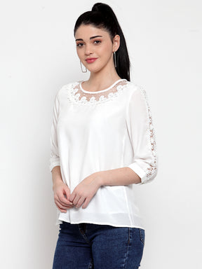 Women White Crape Blouse With Lace Detail
