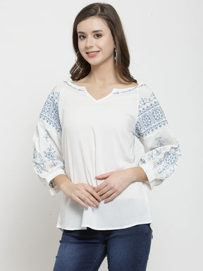 Women Off-White Cotton Top With Printed Sleeve