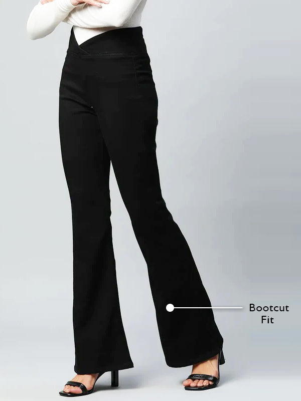 Black V-shape Waist Denim Bootcut Jegging