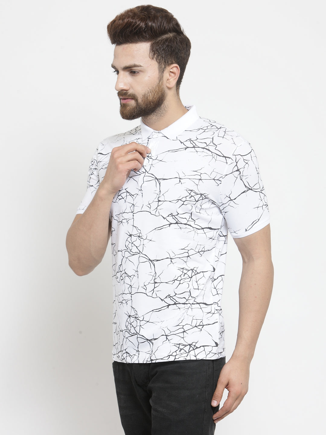 Men White Marble Printed Polo T-Shirt