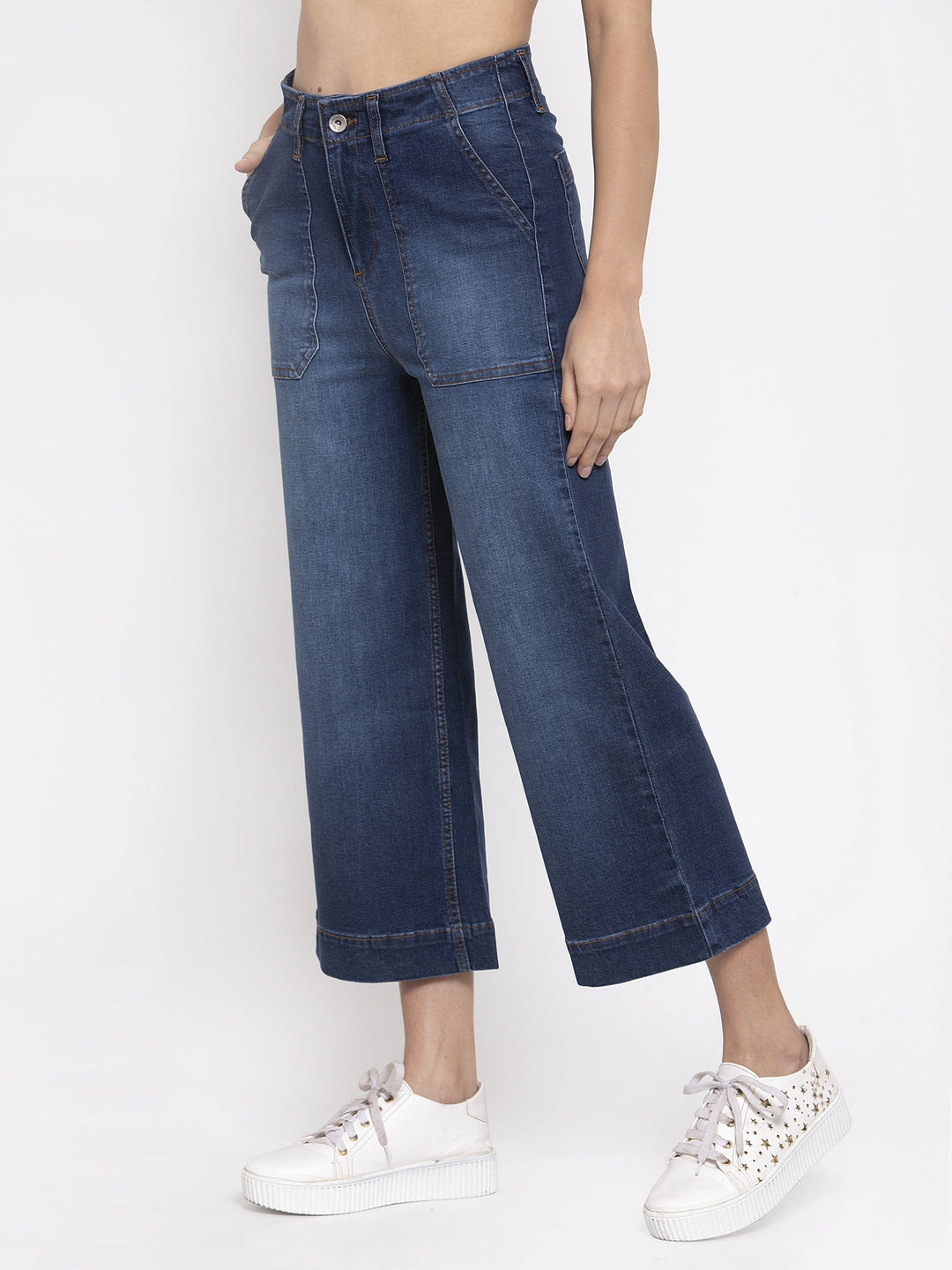 Women Solid Blue Denim Wide Leg Jeans