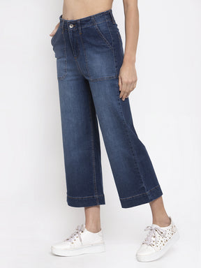 Women Solid Blue Denim Wide Leg Jeans