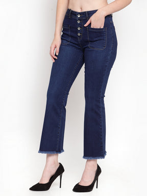 Women Dark Blue Denim Skinny Fitted Jeans With Buttons
