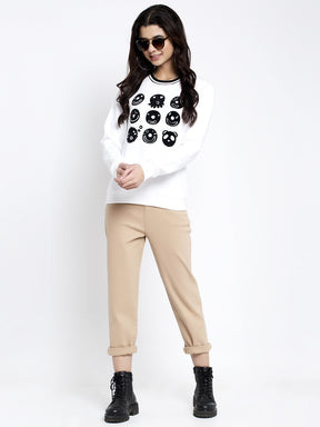 Women White Round Neck Printed Sweatshirt
