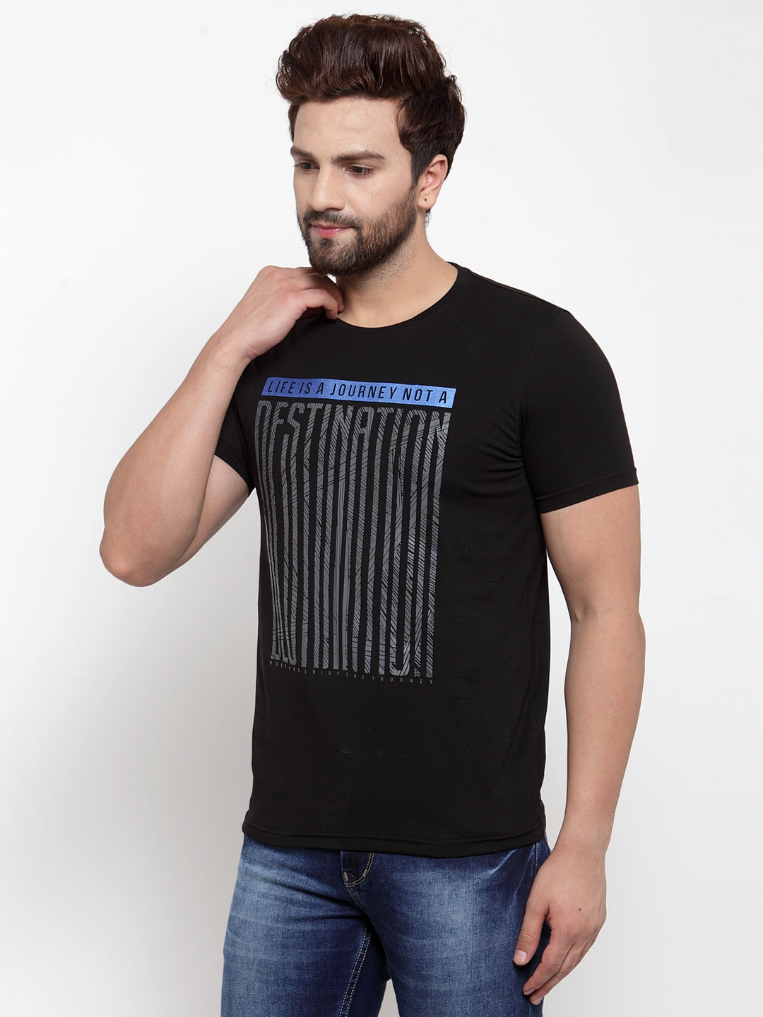 Mens Black Round Neck Printed T-Shirt