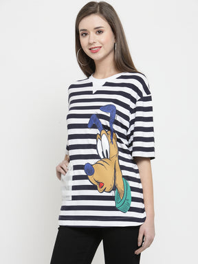 Women Navy Blue Striped Round Neck Regular Fit T-Shirts