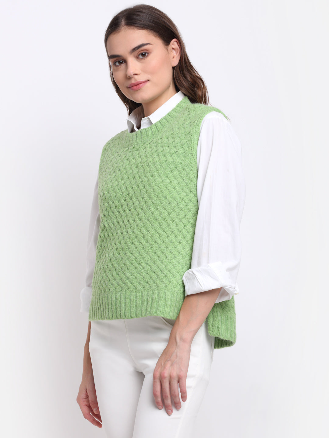 Women Green Round Neck Sleeveless Knit Pullover