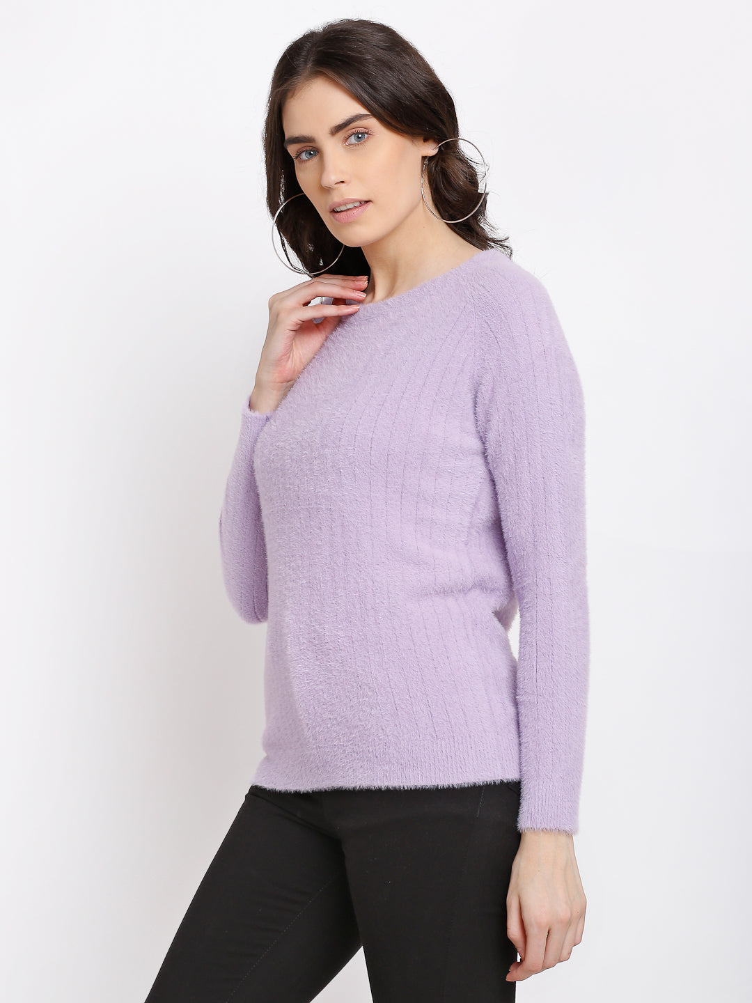 Women Lilac Knitted Solid Round Neck Pullover