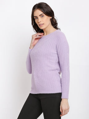 Women Lilac Knitted Solid Round Neck Pullover