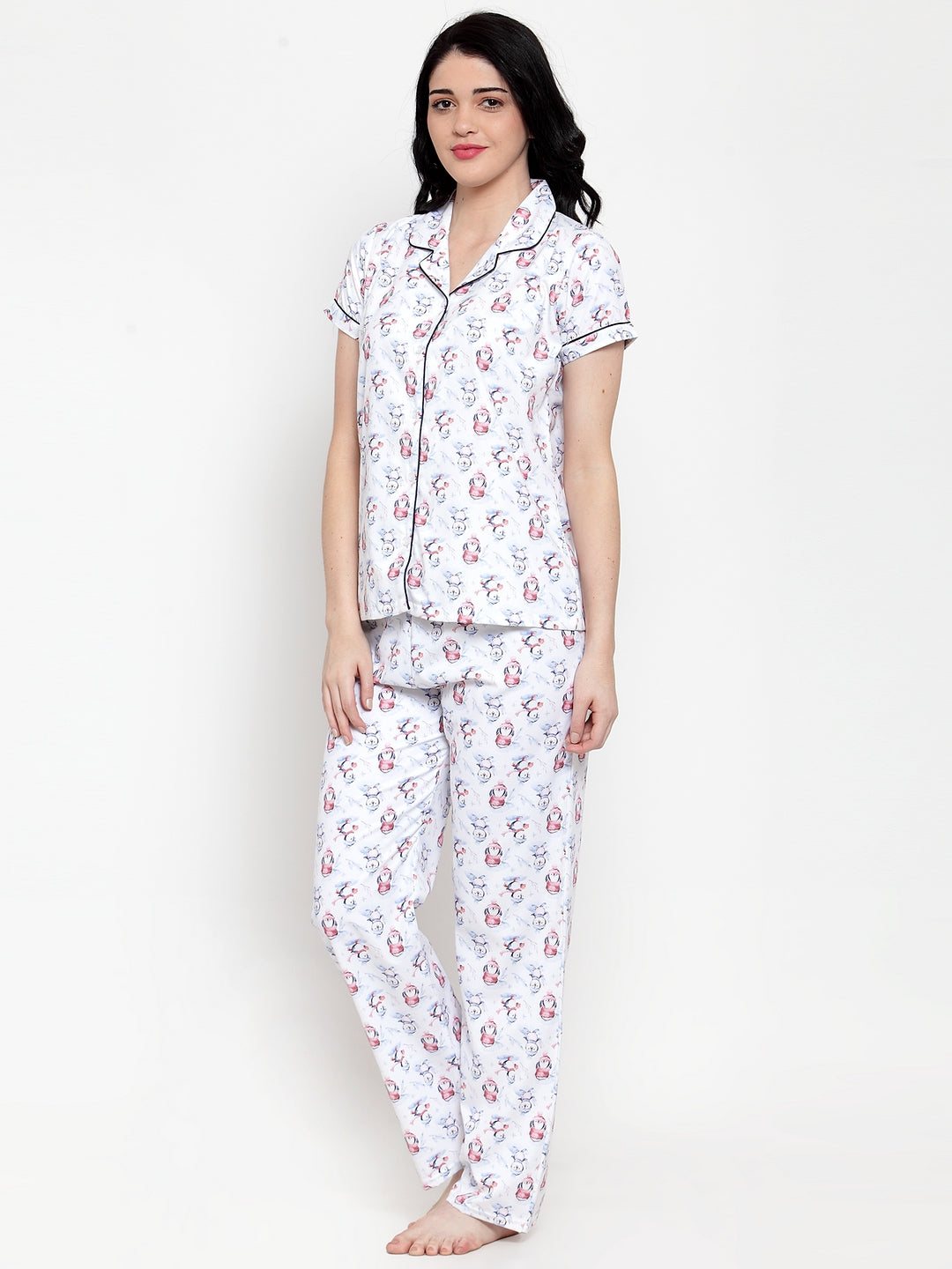 Women Cream Cotton Printed Night Suit Set