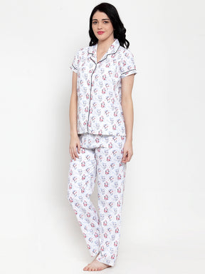 Women Cream Cotton Printed Night Suit Set
