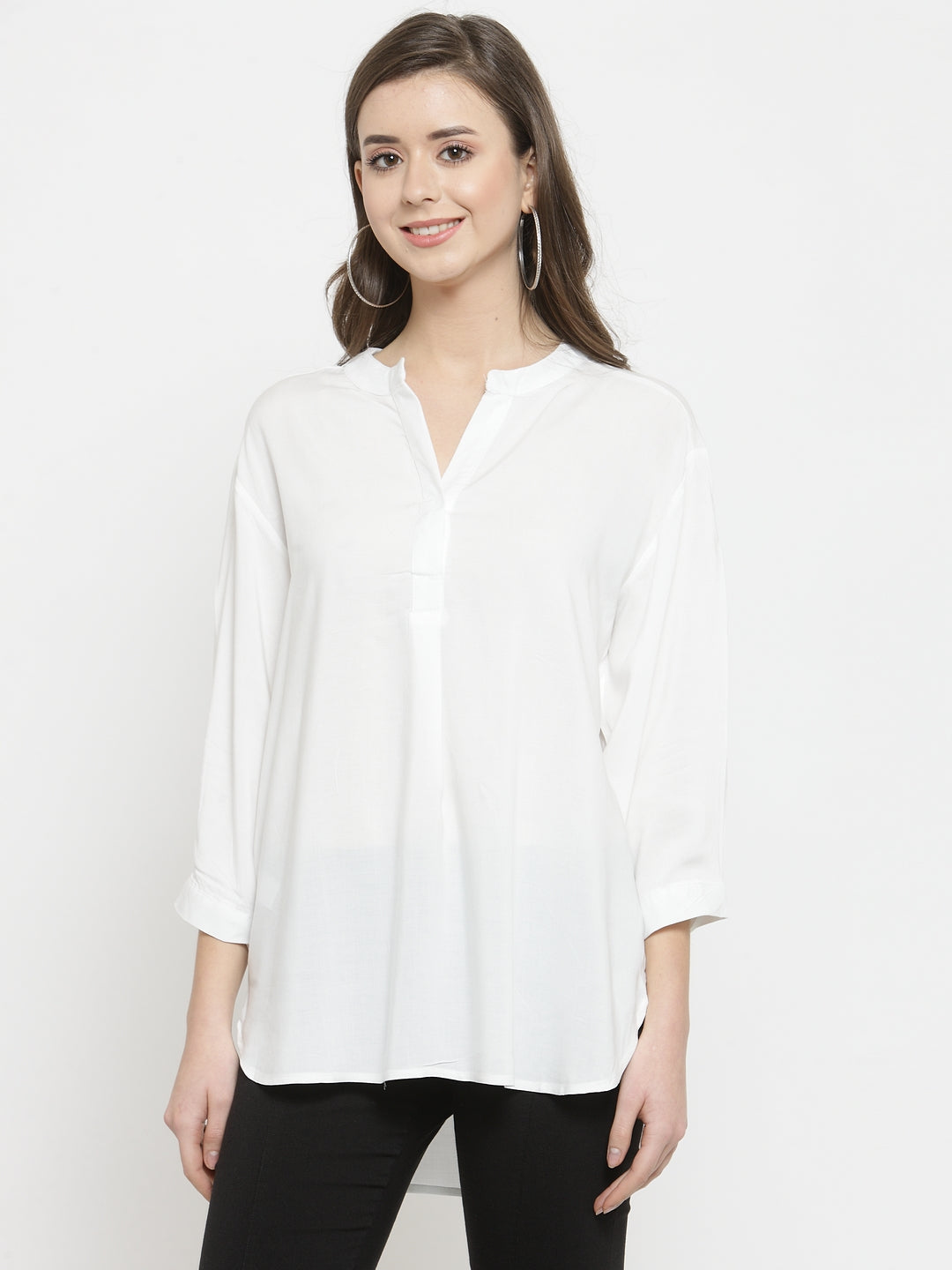Women Solid Off-White Relaxed Fit Top With Mandarin Collar
