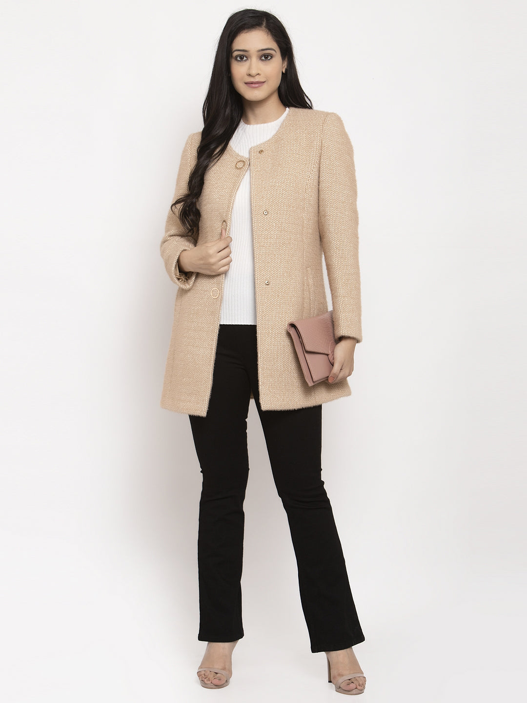 Women Khaki T-Neck Solid Coat