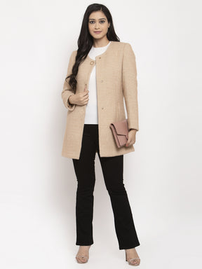Women Khaki T-Neck Solid Coat