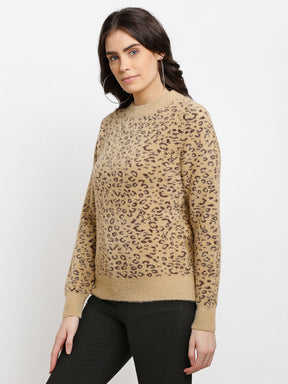 Buy Beige Knitted Printed Round Neck Pullover