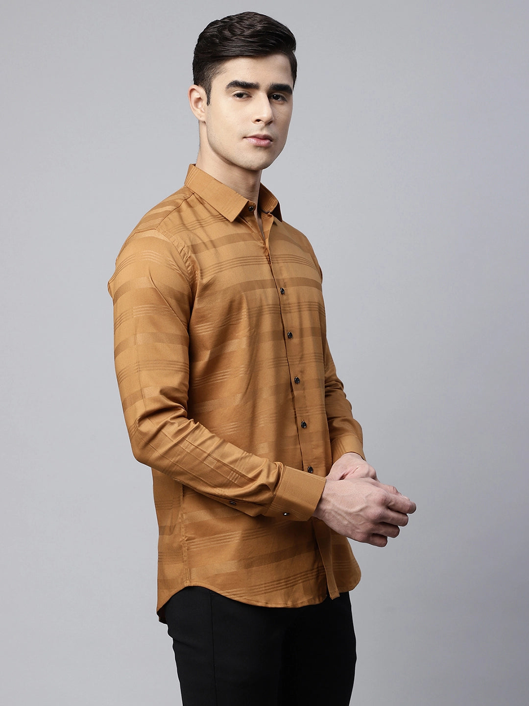 Mens Gold Slim Fit Horizontal Self Striped Shirt - Global Republic
