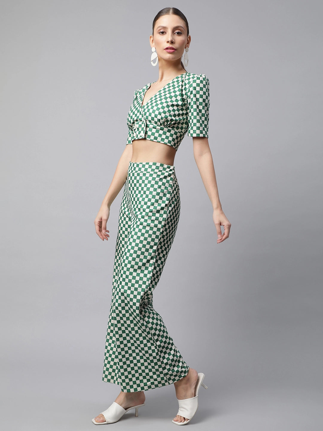 women green off white crop top flared pants coord set