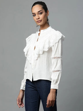Women White Lace and Ruffle Cotton Blend Shirt